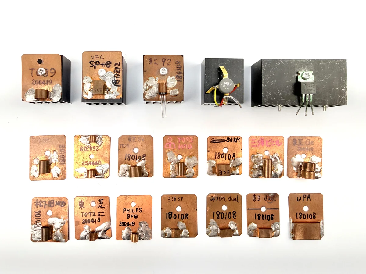 Handmade copper heatsink attachments for various transistor packages — TO-39, SP-8, TO-92, TO-18, TO-126, SMD and more