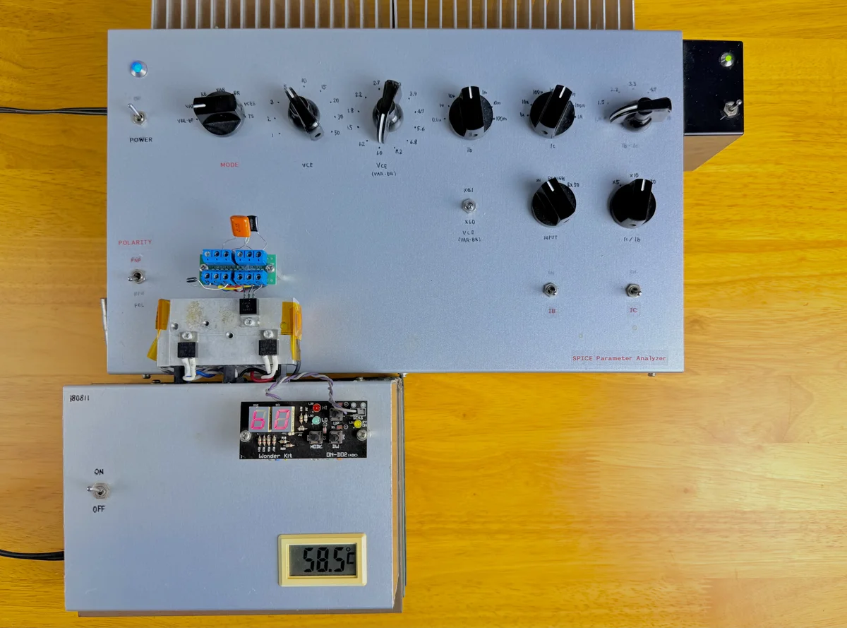 XTB measurement — SPICE Parameter Analyzer with temperature-controlled heater unit at 58.5°C