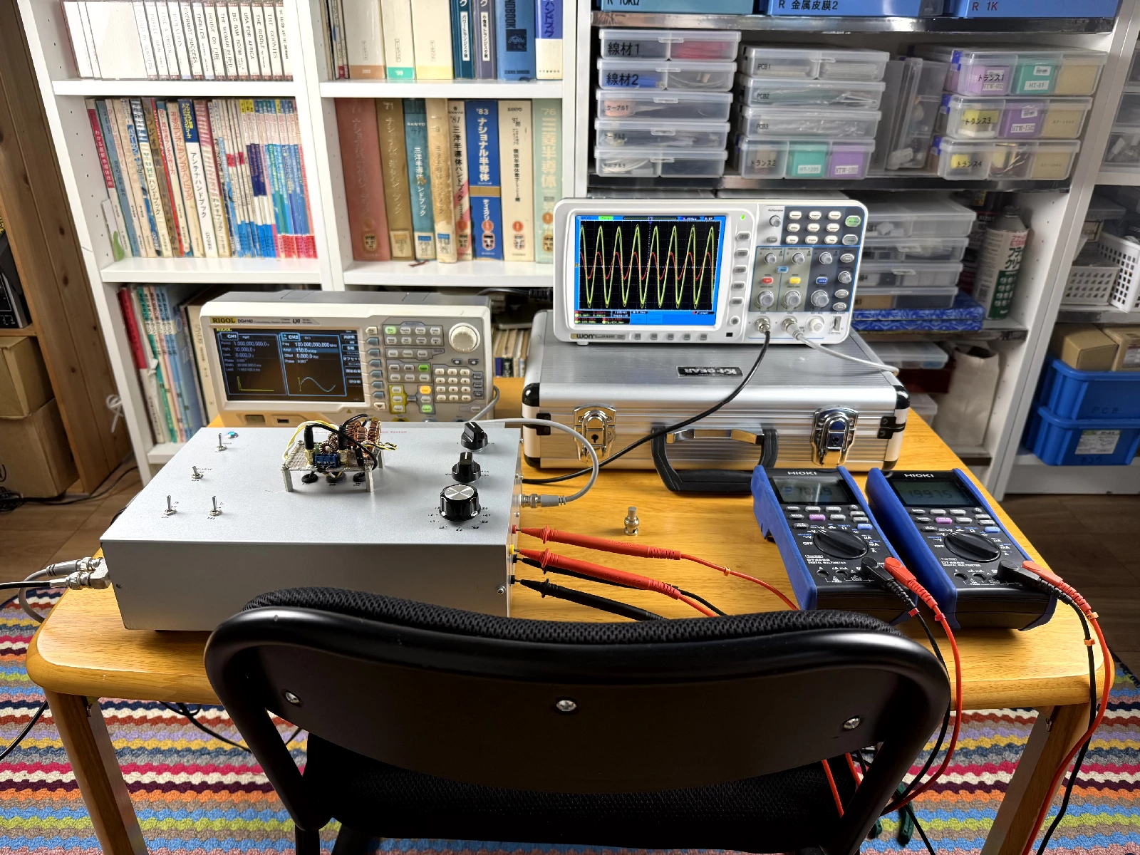 fT measurement system — full setup with sine wave on oscilloscope